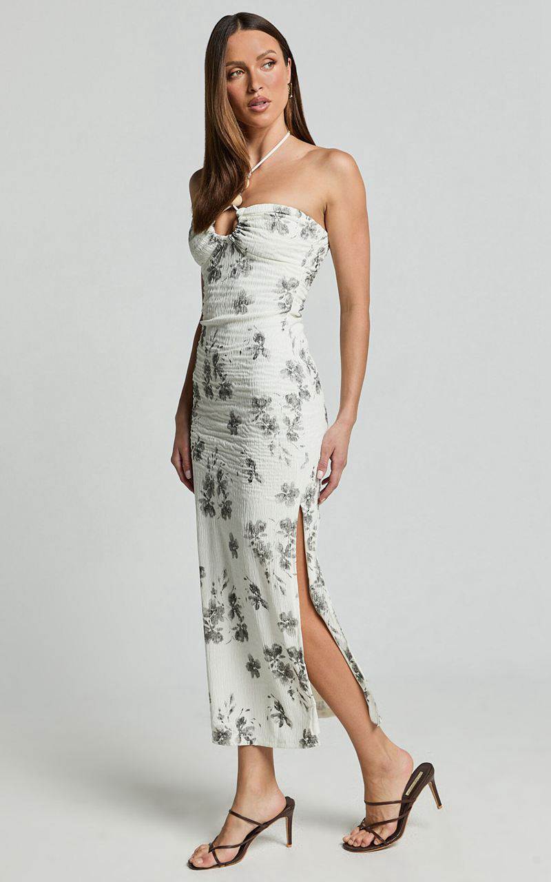 Showpo Evaline Midi Dress - Halter Neck Cut Out Front Slip Dress Black And White Floral | IXOVFU547