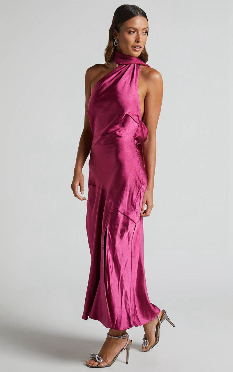 Showpo Evana Midi Dress - High Asymmetrical Neck Satin Slip Dress Fuschia | MAFYZP628