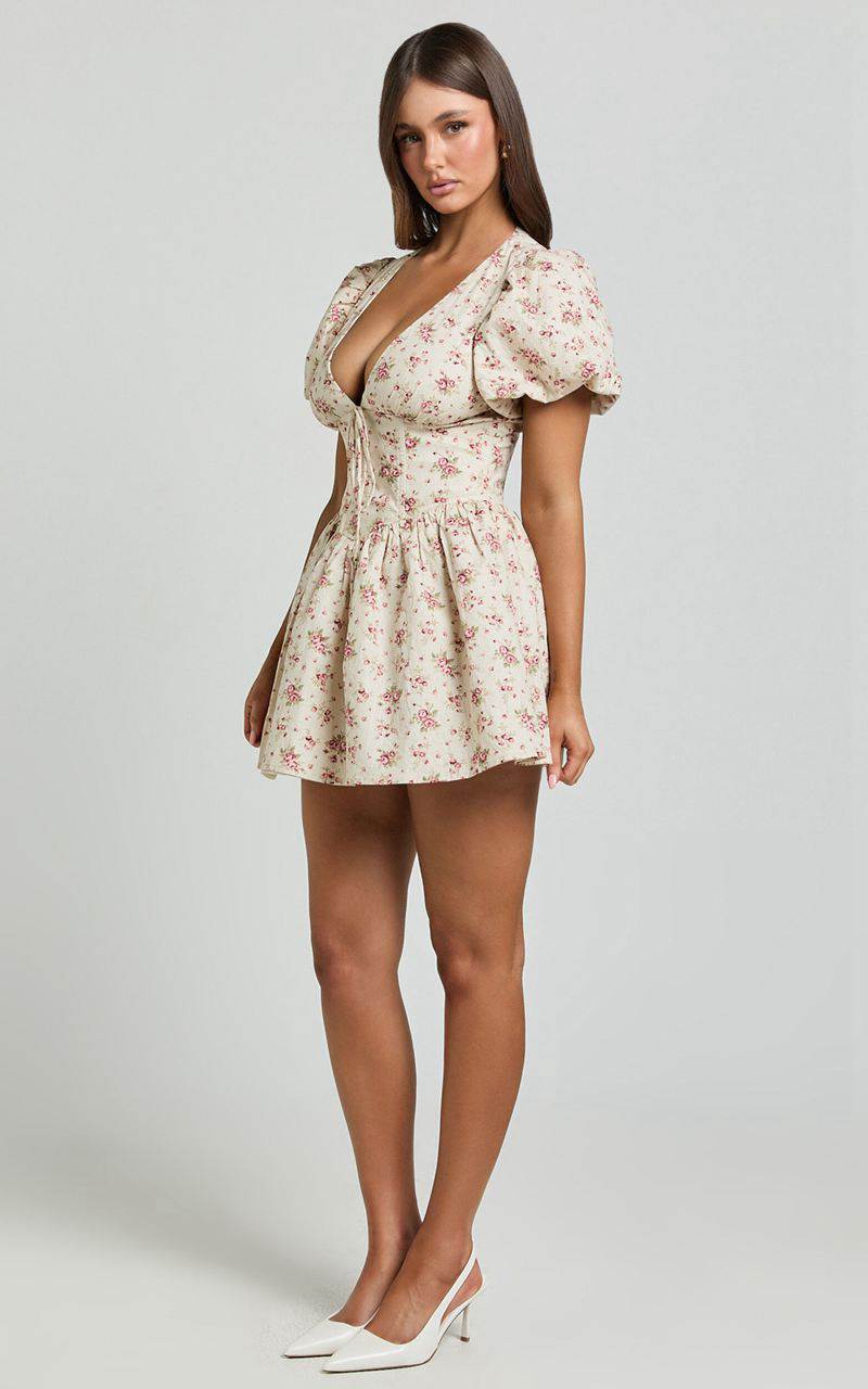 Showpo Evans Mini Dress - Short Sleeve Shirred Back Plunge Dress Pink Floral | VCAYRJ094