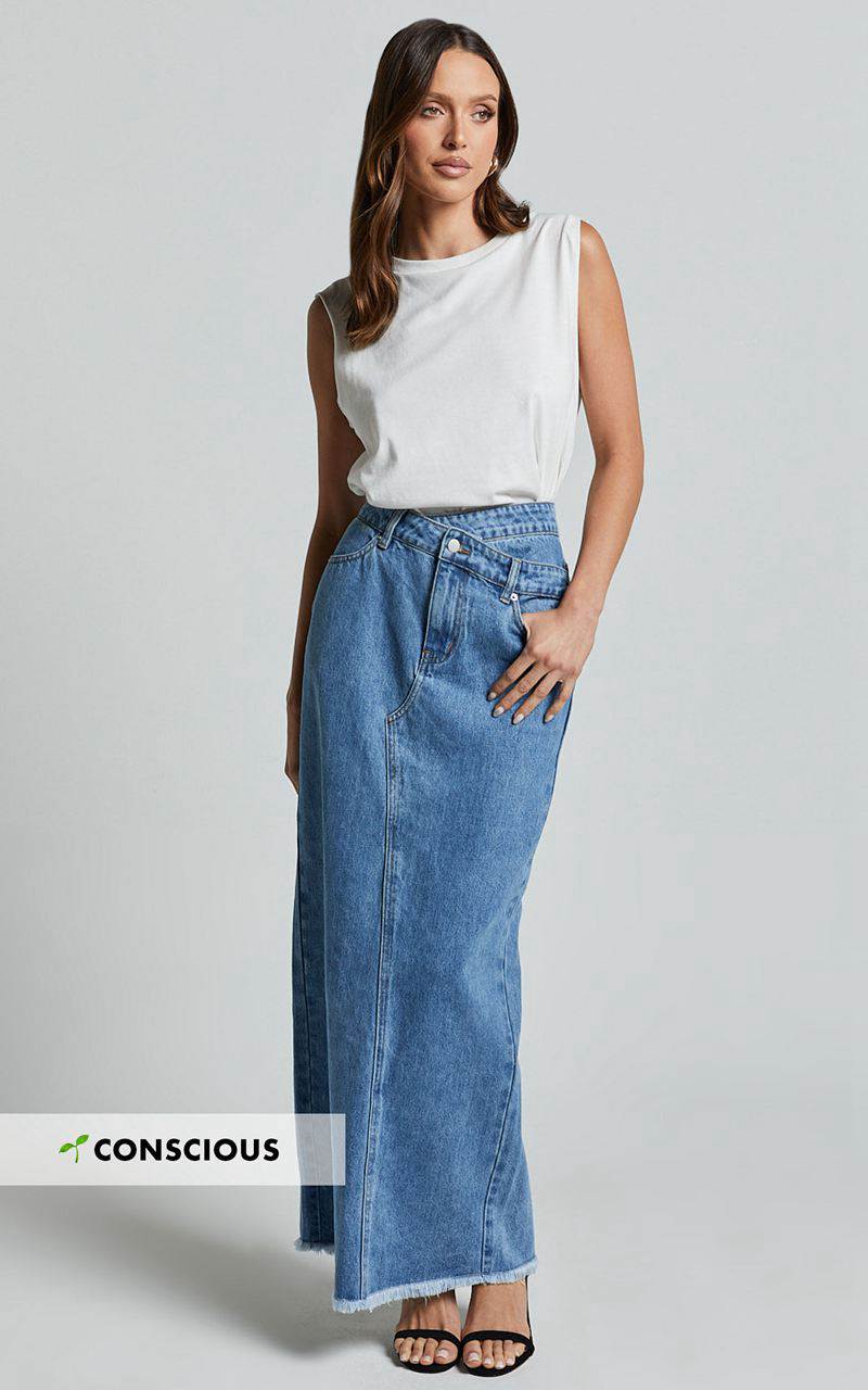 Showpo Evelyn Maxi Skirt - High Asymmetrical Waist Frayed Hem Denim Skirt Mid Blue Wash | IKWVJX510