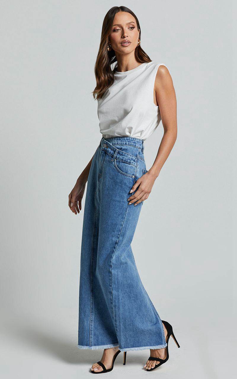 Showpo Evelyn Maxi Skirt - High Asymmetrical Waist Frayed Hem Denim Skirt Mid Blue Wash | IKWVJX510