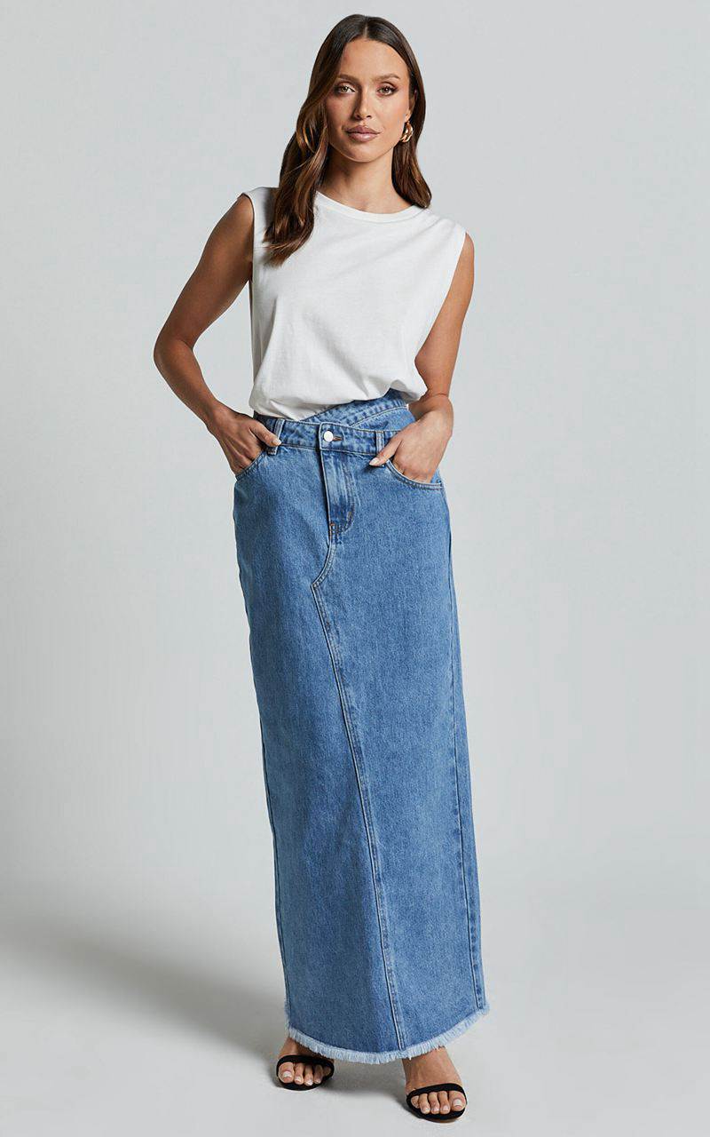 Showpo Evelyn Maxi Skirt - High Asymmetrical Waist Frayed Hem Denim Skirt Mid Blue Wash | IKWVJX510