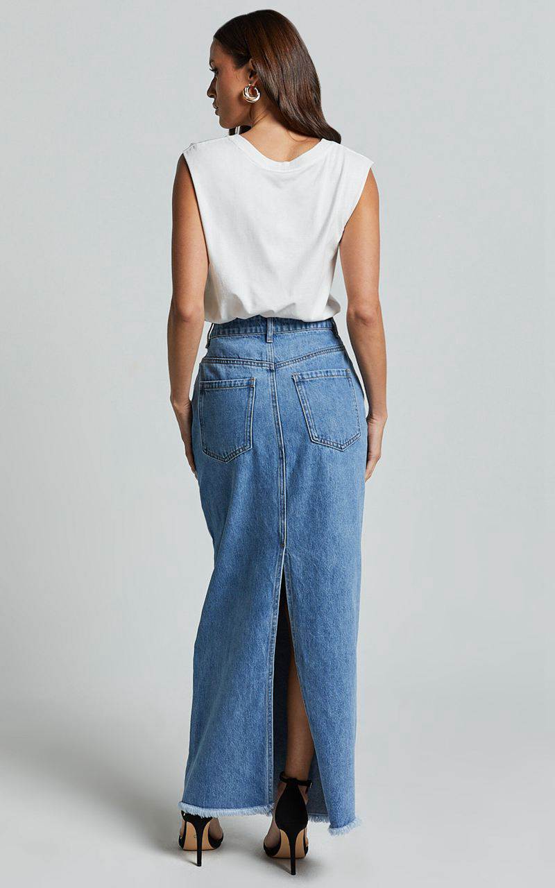 Showpo Evelyn Maxi Skirt - High Asymmetrical Waist Frayed Hem Denim Skirt Mid Blue Wash | IKWVJX510