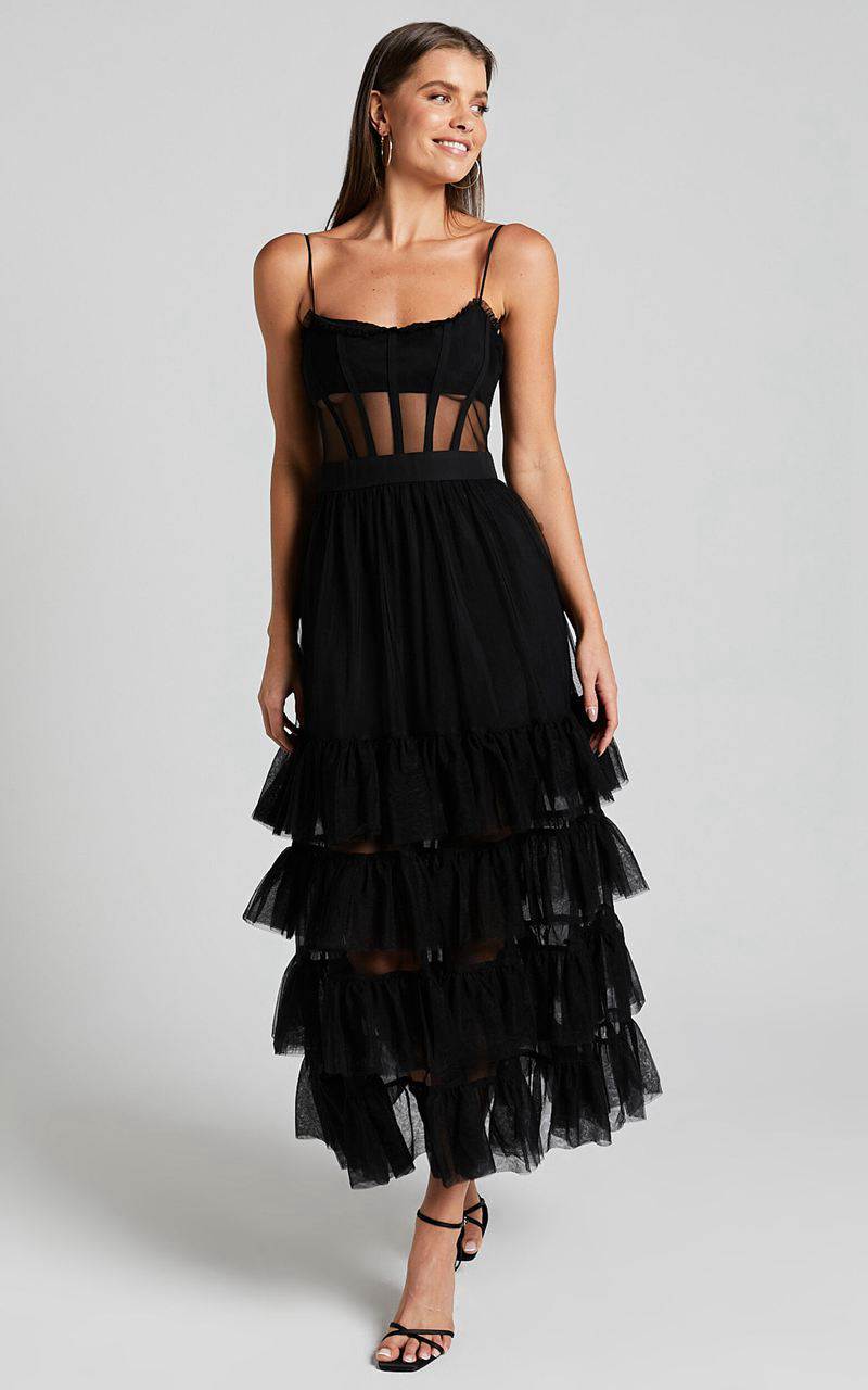 Showpo Evelynn Maxi Dress - Sweetheart Corset Bodice Fit & Flare Tiered Black | CBXTDA759