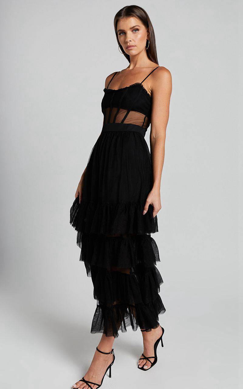 Showpo Evelynn Maxi Dress - Sweetheart Corset Bodice Fit & Flare Tiered Black | CBXTDA759