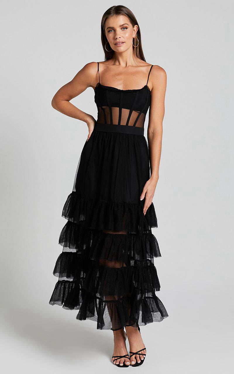 Showpo Evelynn Maxi Dress - Sweetheart Corset Bodice Fit & Flare Tiered Black | CBXTDA759