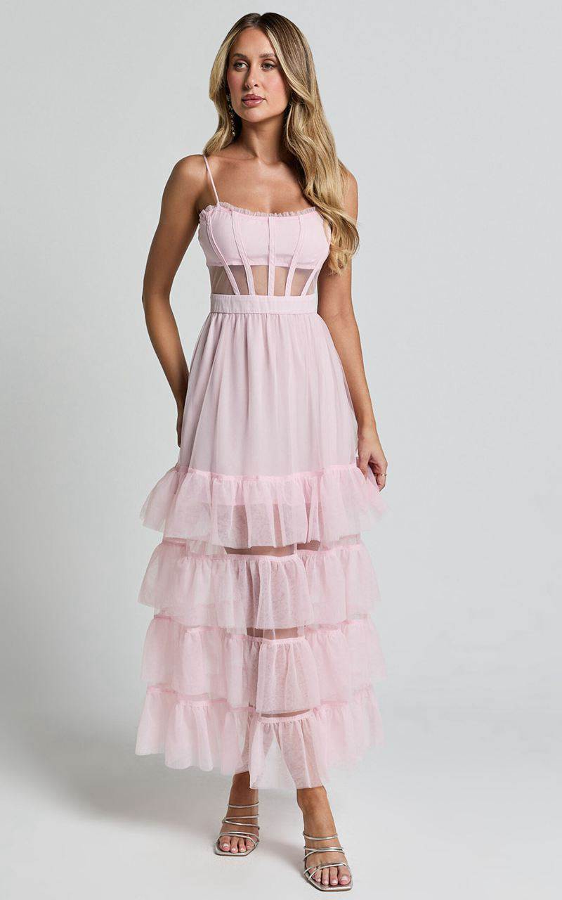 Showpo Evelynn Maxi Dress - Sweetheart Corset Bodice Fit & Flare Tiered Ballet Pink | XEJTGH352