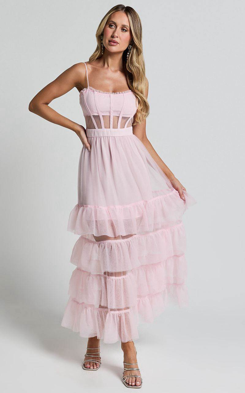 Showpo Evelynn Maxi Dress - Sweetheart Corset Bodice Fit & Flare Tiered Ballet Pink | XEJTGH352