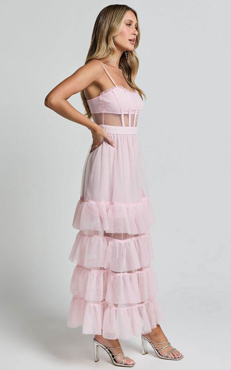 Showpo Evelynn Maxi Dress - Sweetheart Corset Bodice Fit & Flare Tiered Ballet Pink | XEJTGH352