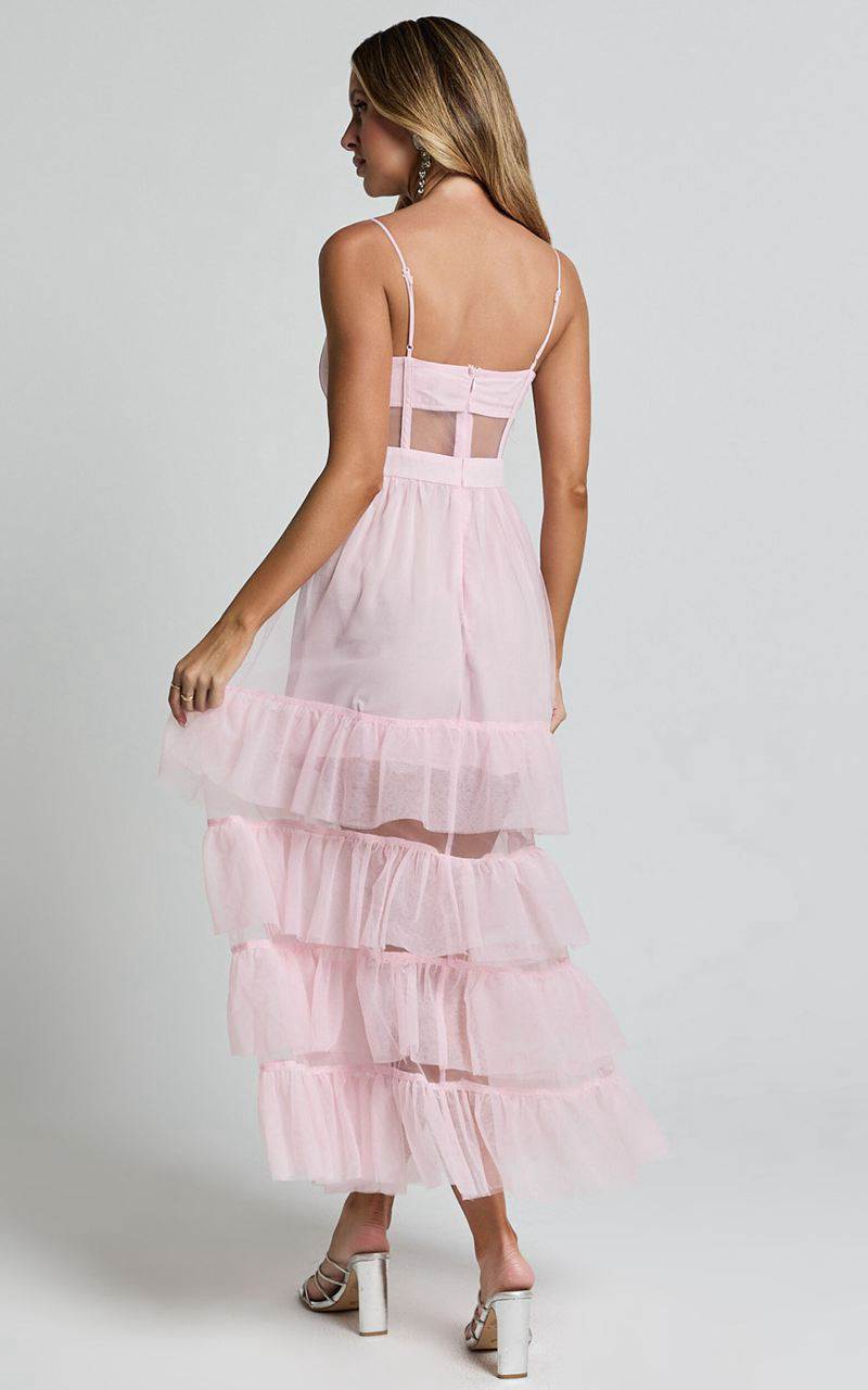 Showpo Evelynn Maxi Dress - Sweetheart Corset Bodice Fit & Flare Tiered Ballet Pink | XEJTGH352