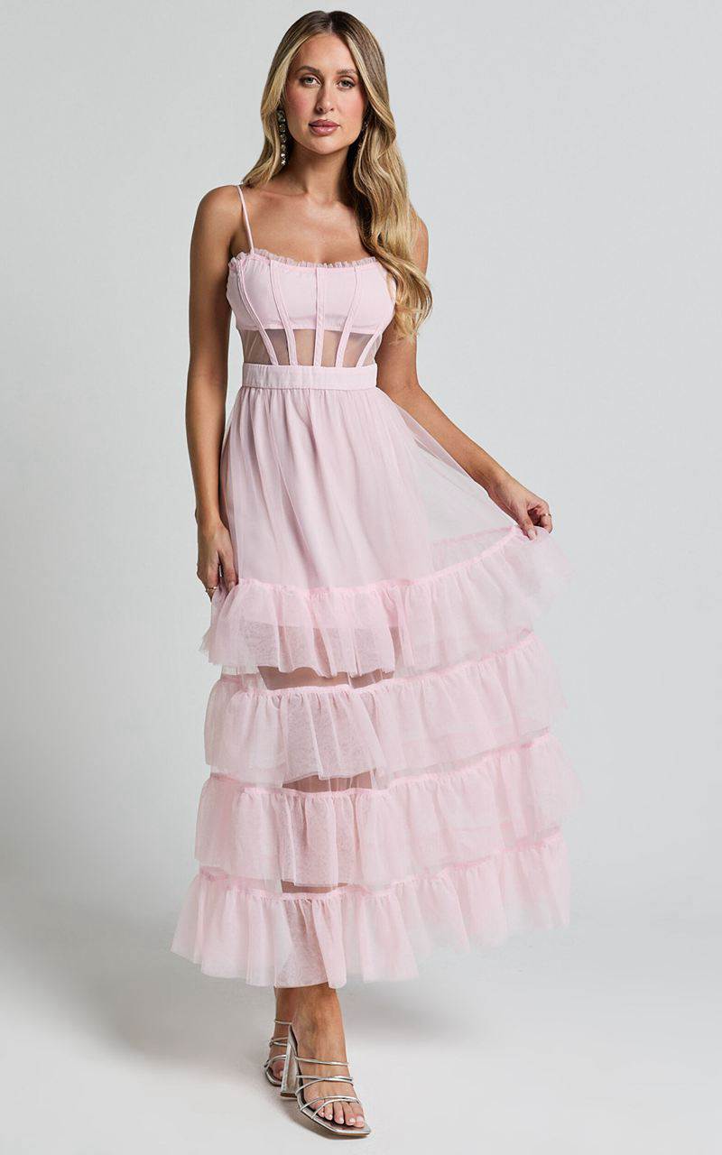 Showpo Evelynn Maxi Dress - Sweetheart Corset Bodice Fit & Flare Tiered Ballet Pink | XEJTGH352