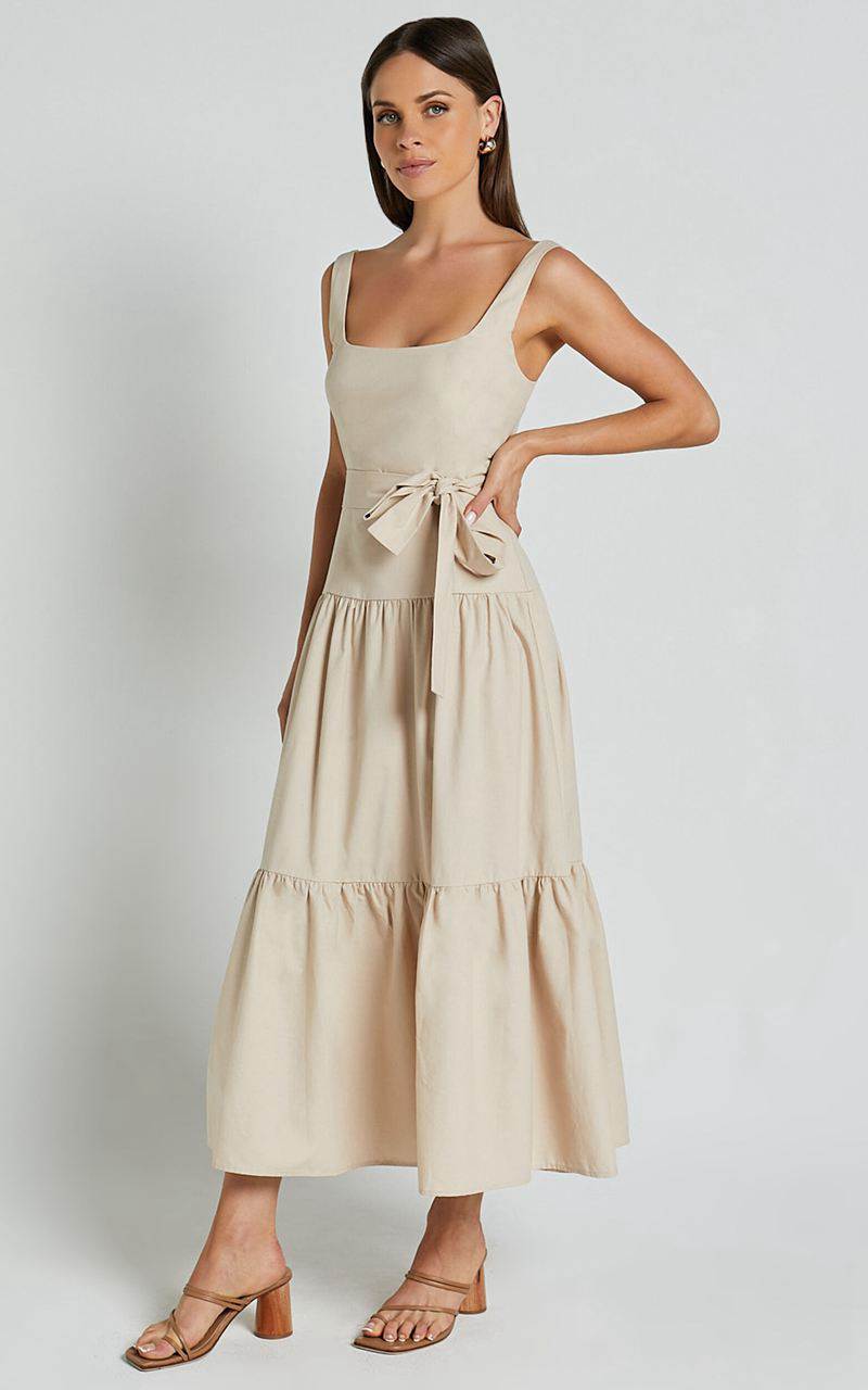 Showpo Ezra Midi Dress - Linen Look Tiered Tie Waist Dress Stone | MDEZHV082