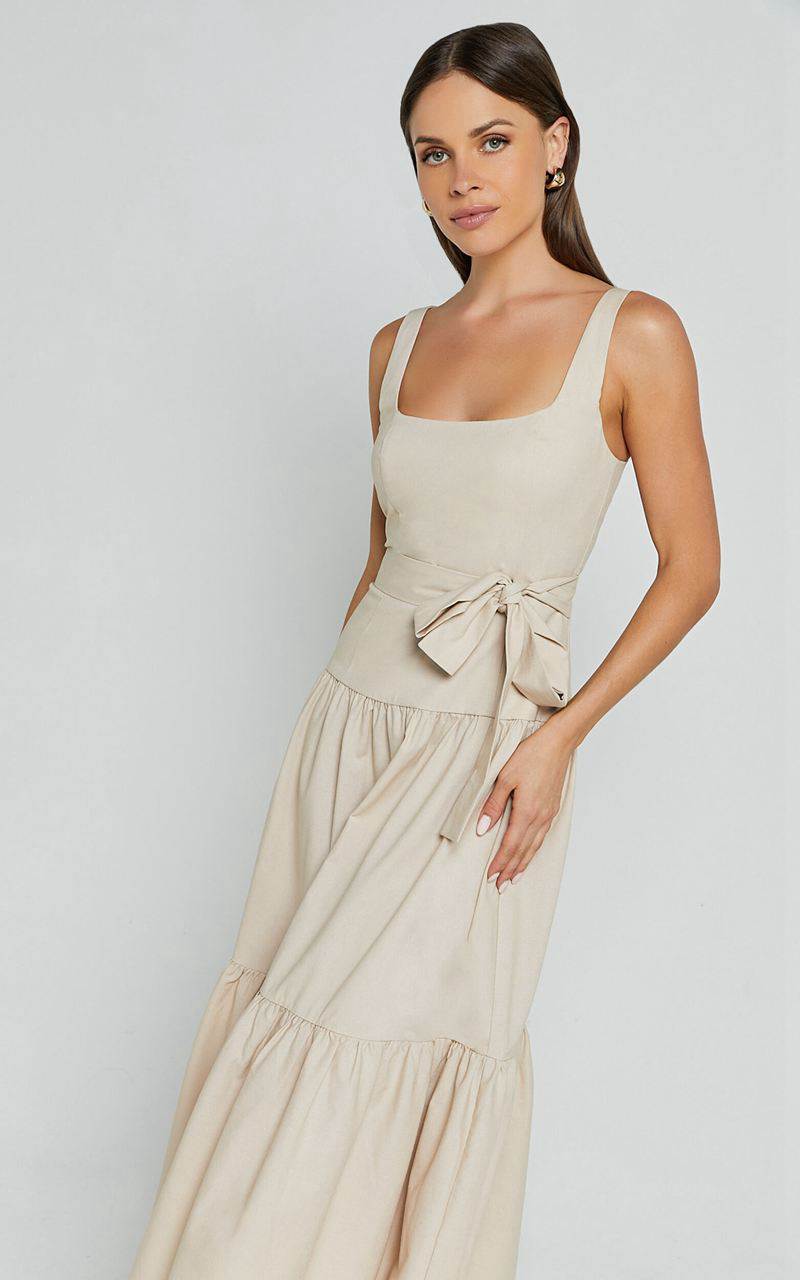 Showpo Ezra Midi Dress - Linen Look Tiered Tie Waist Dress Stone | MDEZHV082