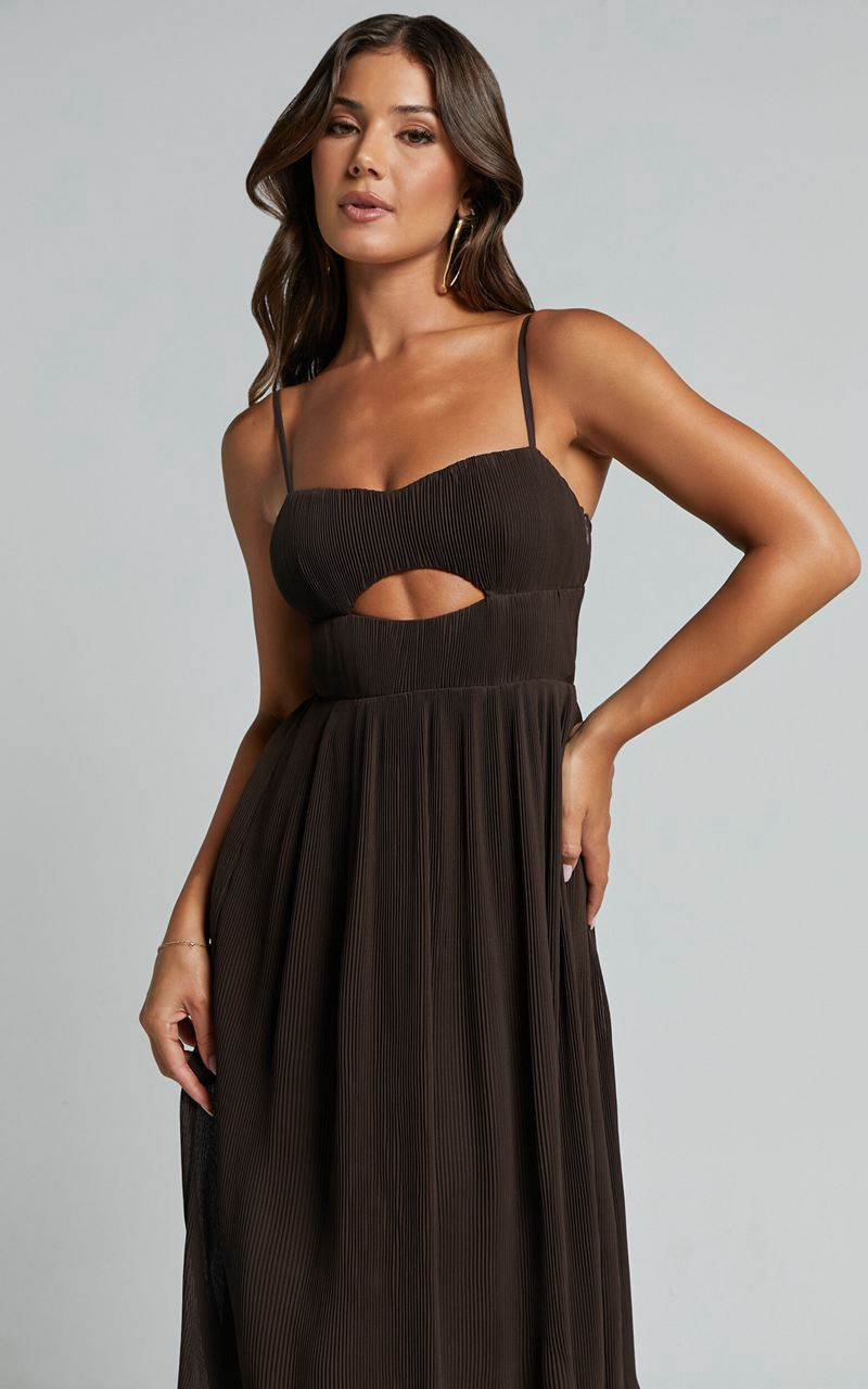 Showpo Ezri Midi Dress - Strappy Cut Out Pleated A Line Dress Chocolate | NARQDL163