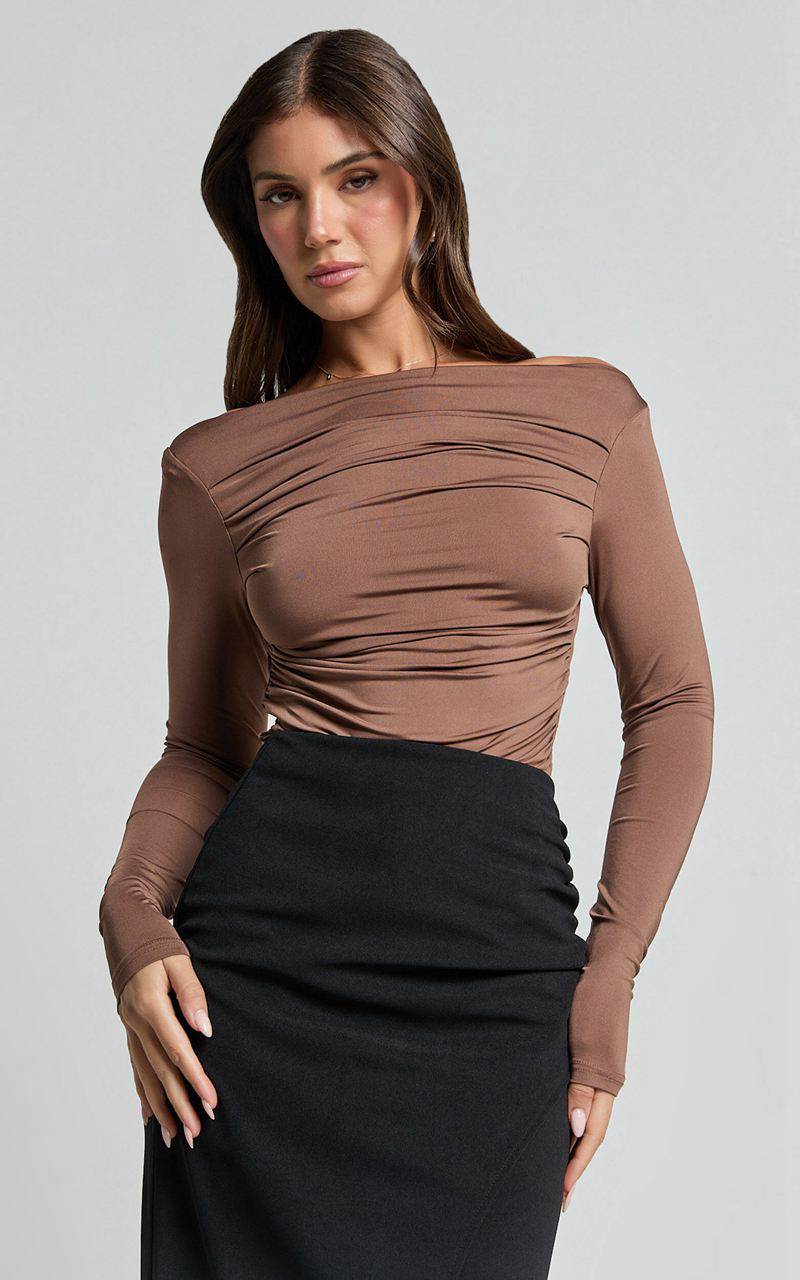 Showpo Fabia Top - Asymmetrical Off Shoulder Ruched Top Mocha | RNQWFE715