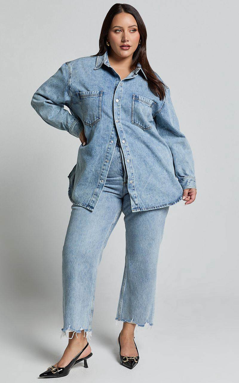 Showpo Faharra Shirt - Recycled Cotton Denim Shirt Mid Blue Acid Wash | UVBNXZ495