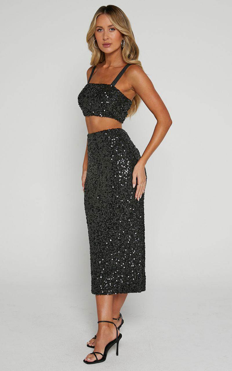 Showpo Falka Two Piece Set - Strapless High Waisted Midi Skirt Sequin Two Piece Set Black | FEJMXP572