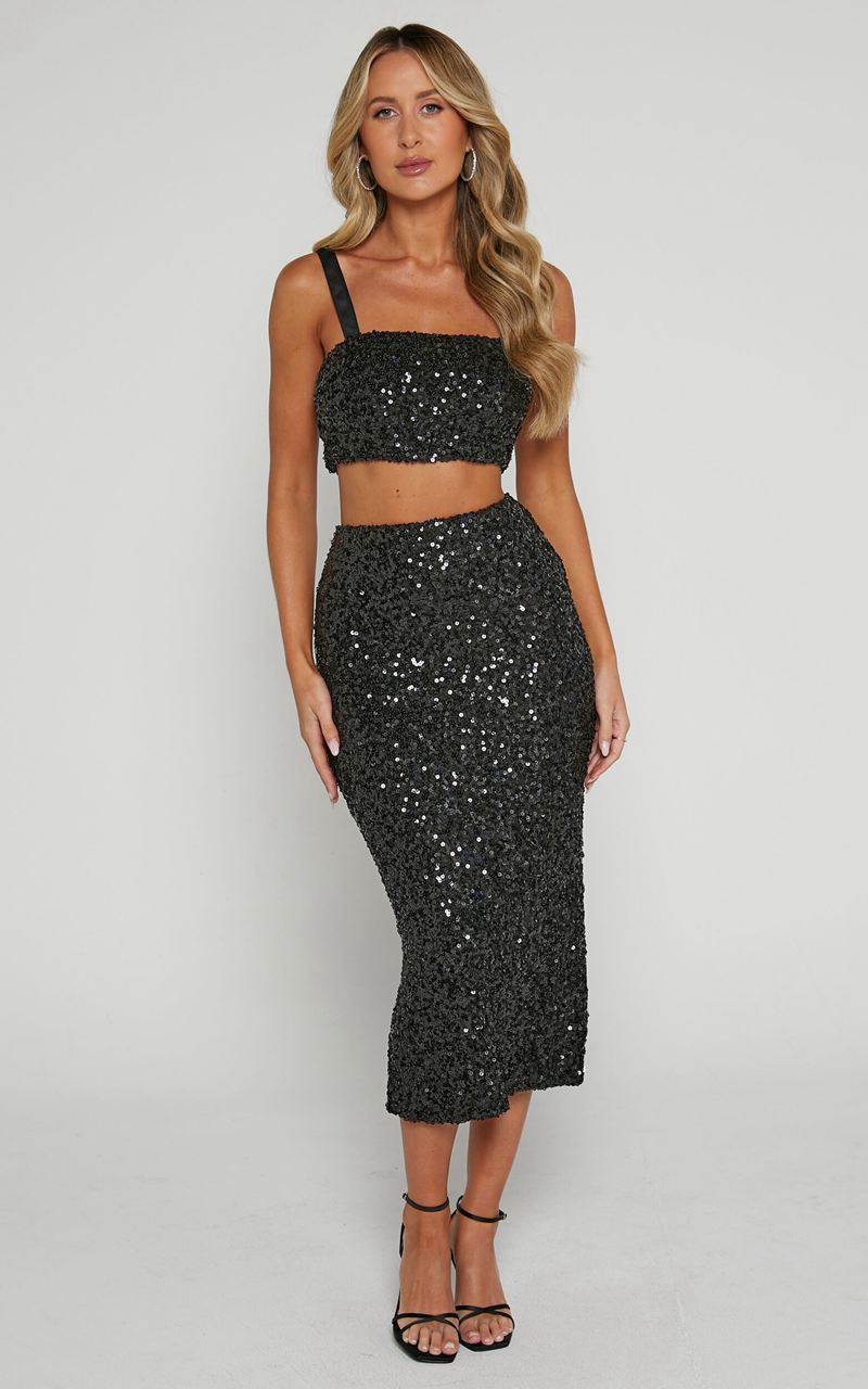 Showpo Falka Two Piece Set - Strapless High Waisted Midi Skirt Sequin Two Piece Set Black | FEJMXP572