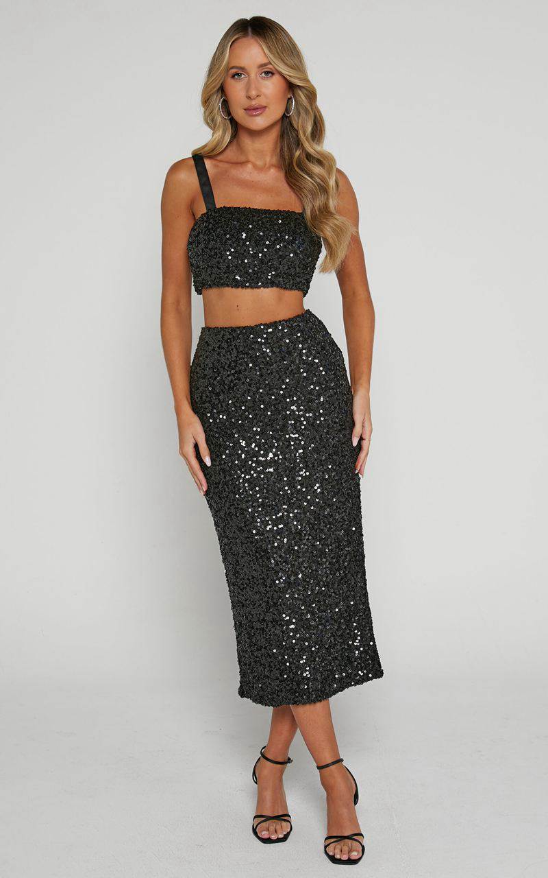 Showpo Falka Two Piece Set - Strapless High Waisted Midi Skirt Sequin Two Piece Set Black | FEJMXP572