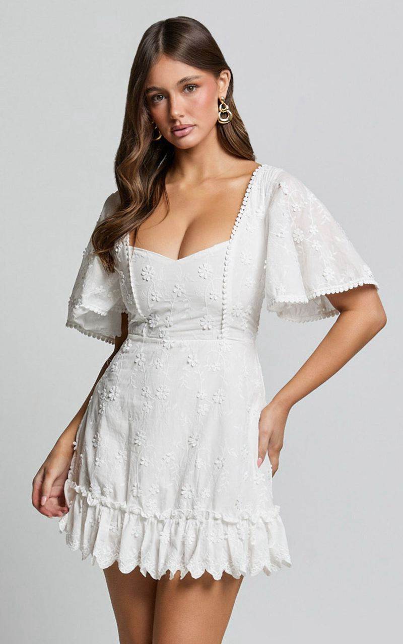 Showpo Fancy A Spritz Mini Dress - Square Neck Dress White Embroidery | WHCLOJ521