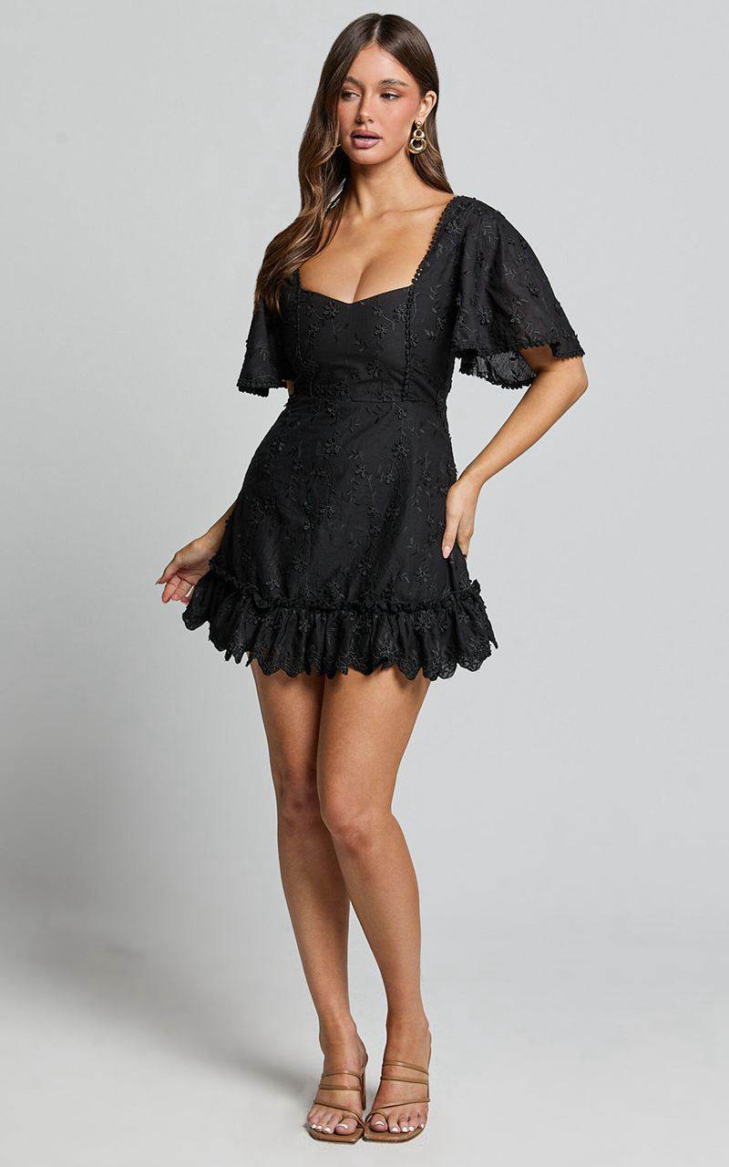 Showpo Fancy A Spritz Mini Dress - Square Neck Dress Black Embroidery | ZARPIY842