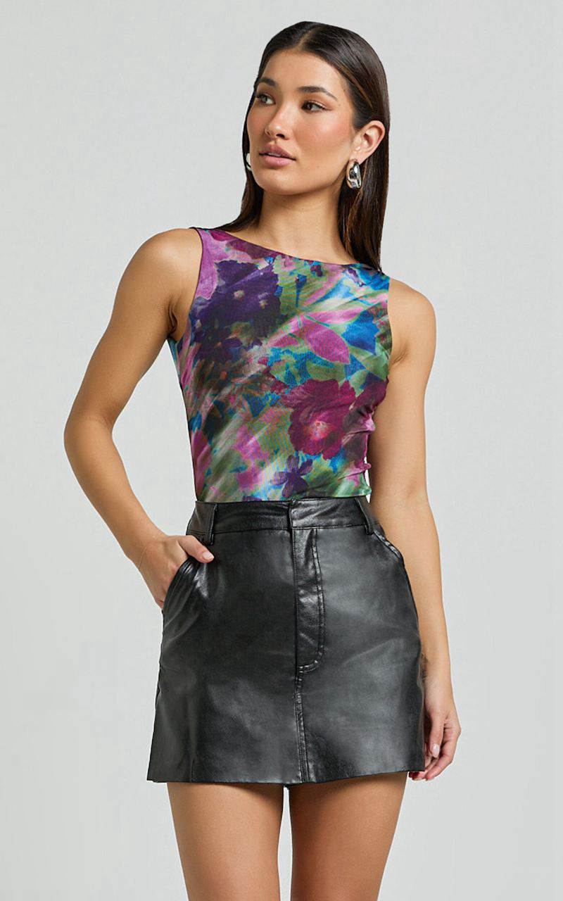 Showpo Farrah Top - Boat Neck Low Back Printed Mesh Top Ethereal Iris Print | RPHMWU348