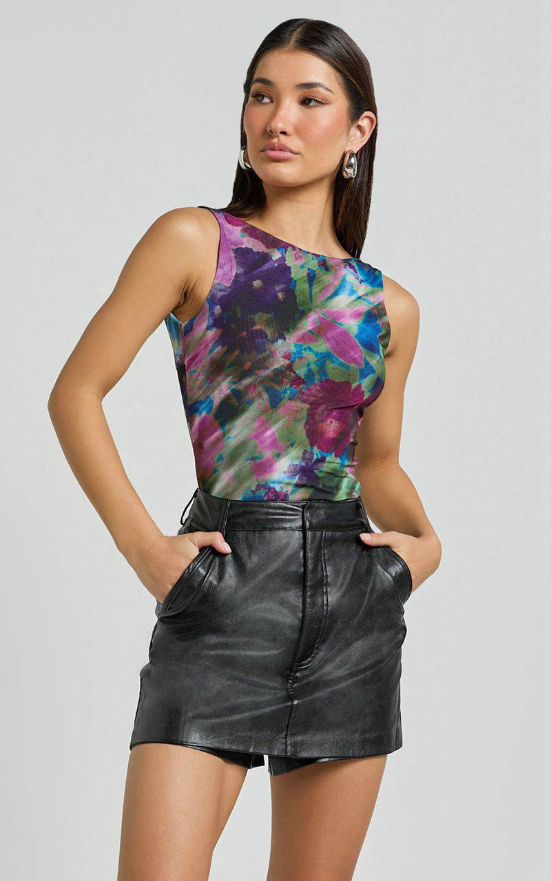 Showpo Farrah Top - Boat Neck Low Back Printed Mesh Top Ethereal Iris Print | RPHMWU348