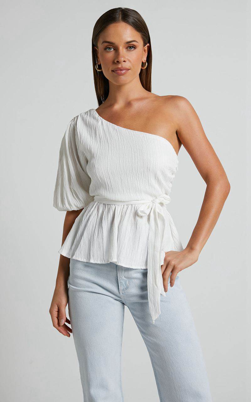 Showpo Feliah Top - One Shoulder Puff Sleeve Waist Tie Top Ivory | GWIYOD461