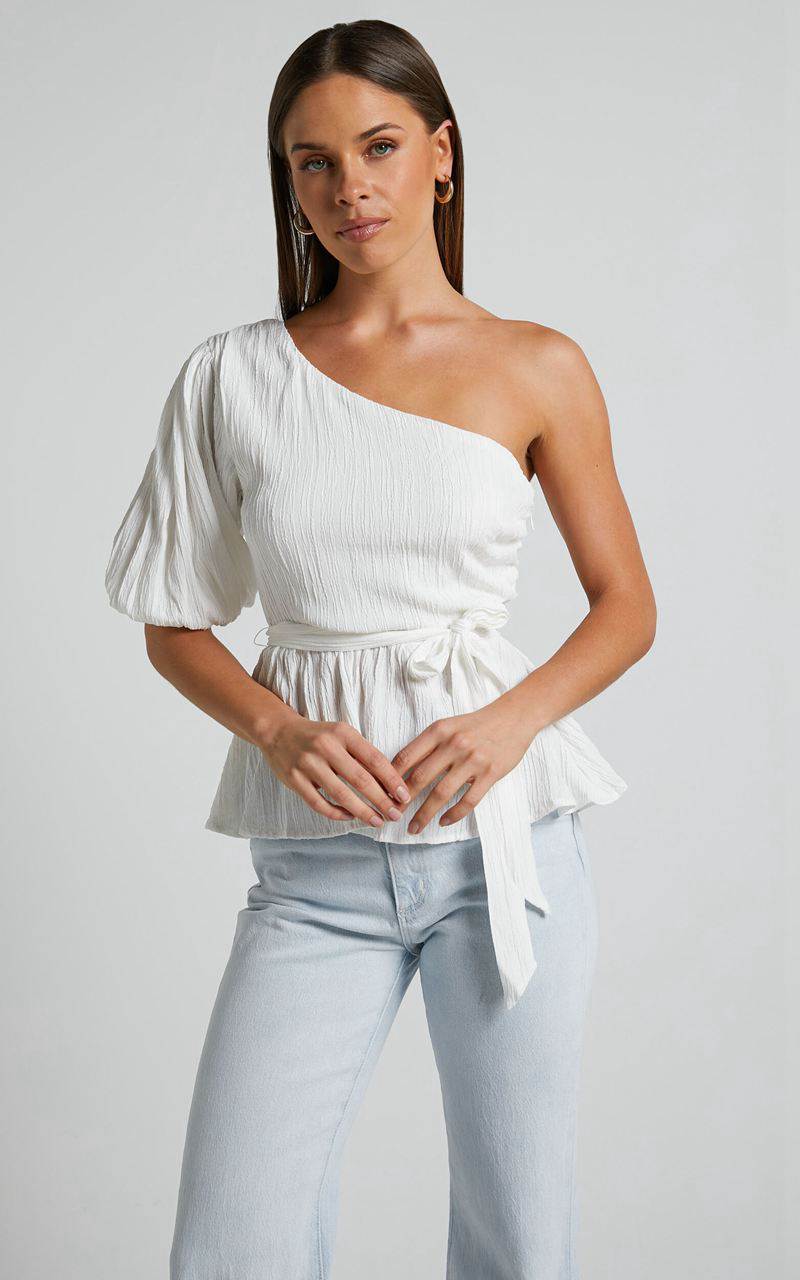 Showpo Feliah Top - One Shoulder Puff Sleeve Waist Tie Top Ivory | GWIYOD461