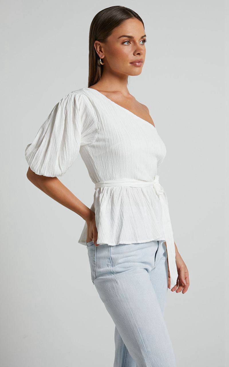 Showpo Feliah Top - One Shoulder Puff Sleeve Waist Tie Top Ivory | GWIYOD461