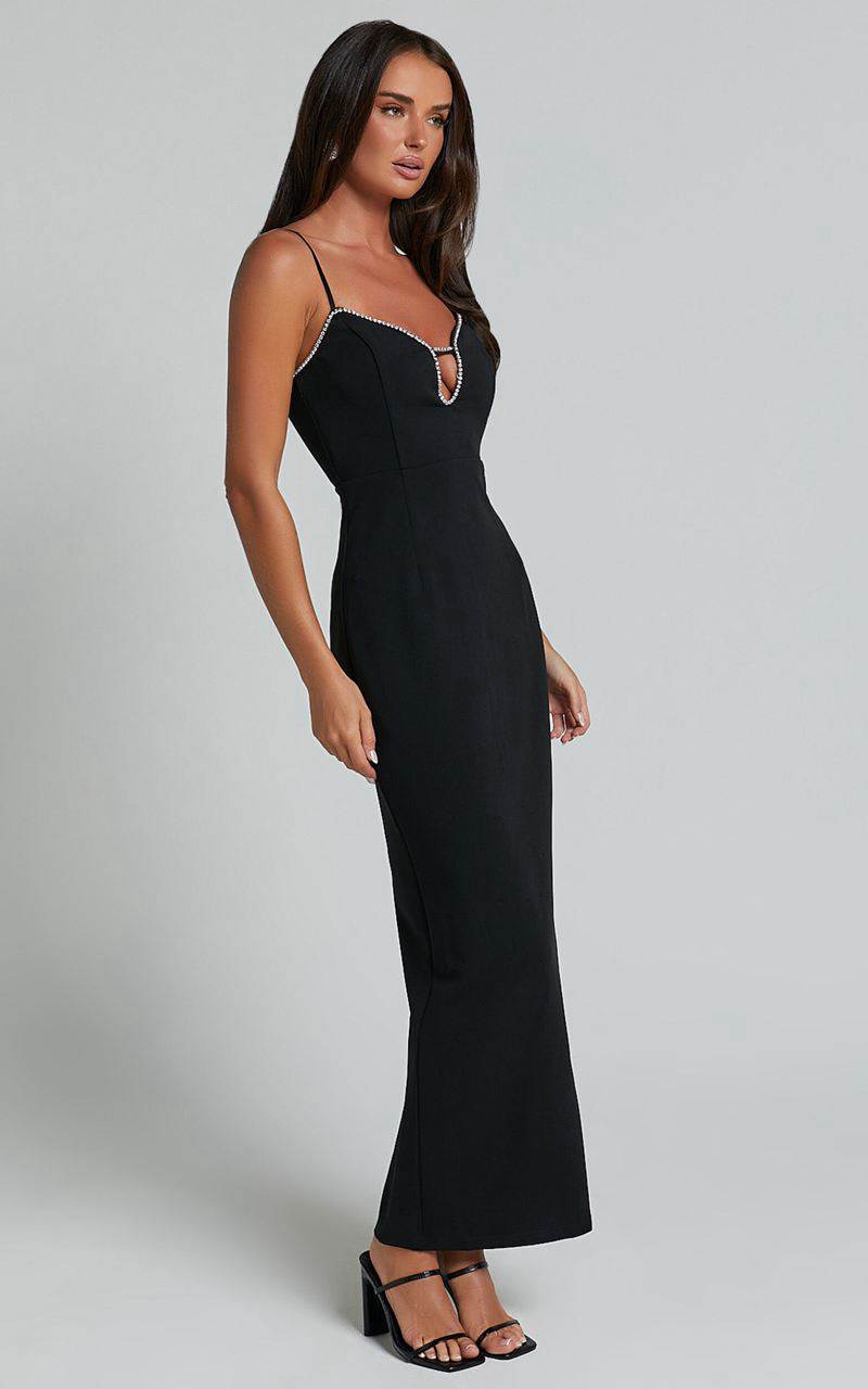 Showpo Felicity Midi Dress - Plunge Diamante Detail Dress Black | HVPXZE062