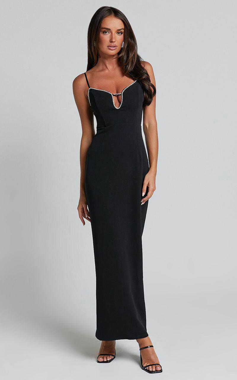 Showpo Felicity Midi Dress - Plunge Diamante Detail Dress Black | HVPXZE062