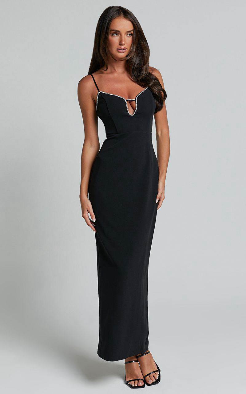 Showpo Felicity Midi Dress - Plunge Diamante Detail Dress Black | HVPXZE062