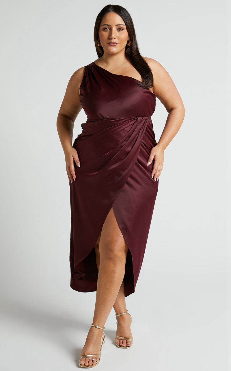 Showpo Felt So Happy Midi Dress - One Shoulder Drape Dress Wine | GRYLNJ105