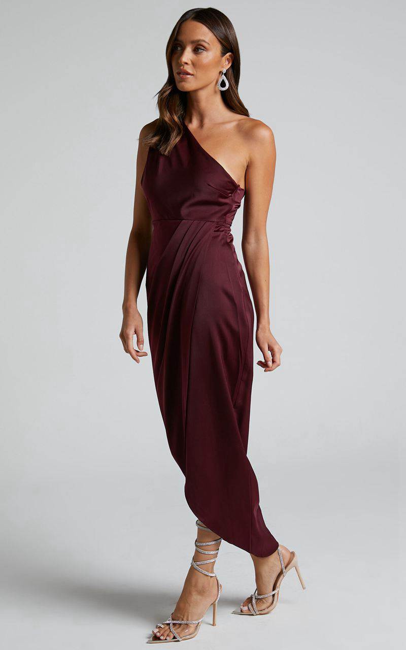 Showpo Felt So Happy Midi Dress - One Shoulder Drape Dress Wine | GRYLNJ105