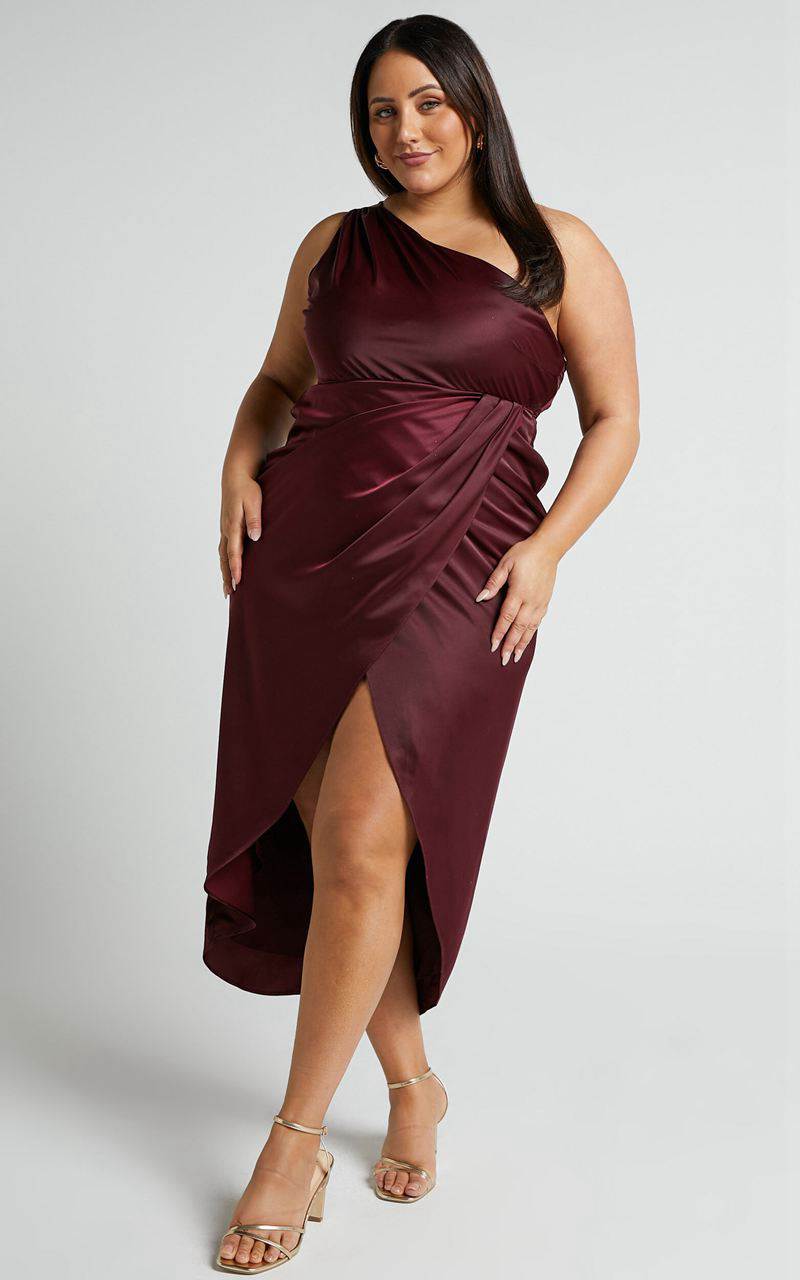 Showpo Felt So Happy Midi Dress - One Shoulder Drape Dress Wine | GRYLNJ105