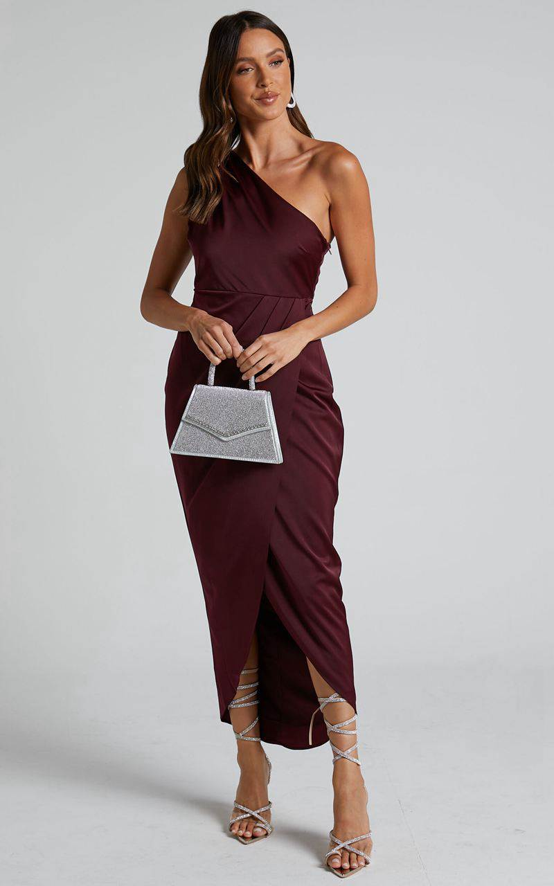 Showpo Felt So Happy Midi Dress - One Shoulder Drape Dress Wine | GRYLNJ105