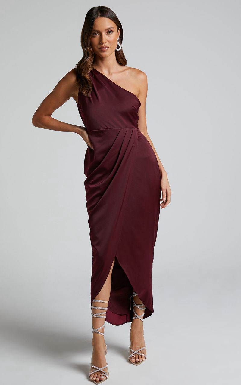 Showpo Felt So Happy Midi Dress - One Shoulder Drape Dress Wine | GRYLNJ105