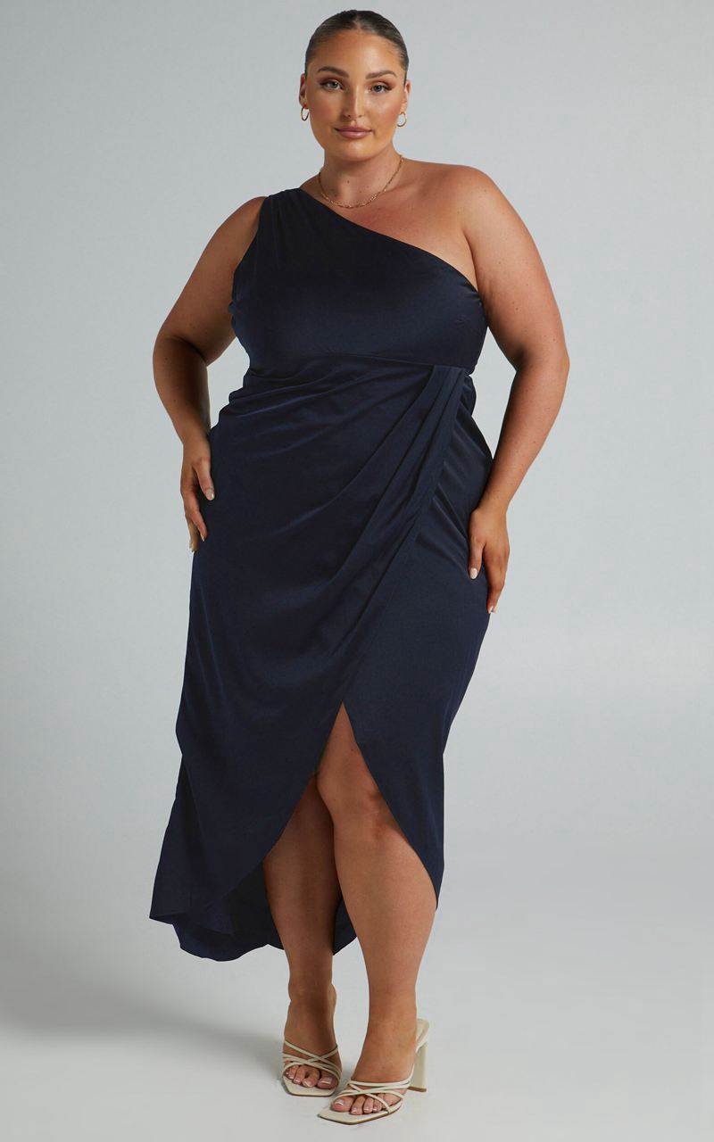 Showpo Felt So Happy Midi Dress - One Shoulder Drape Dress Navy | RTCNAF638