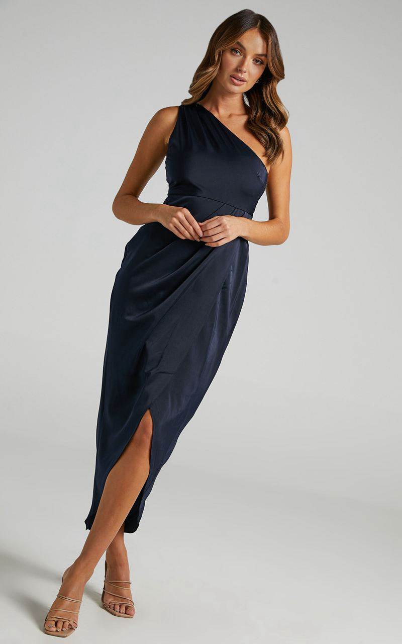 Showpo Felt So Happy Midi Dress - One Shoulder Drape Dress Navy | RTCNAF638