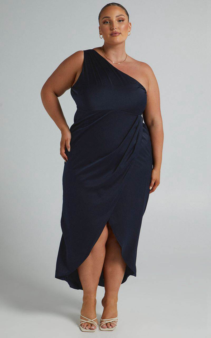 Showpo Felt So Happy Midi Dress - One Shoulder Drape Dress Navy | RTCNAF638