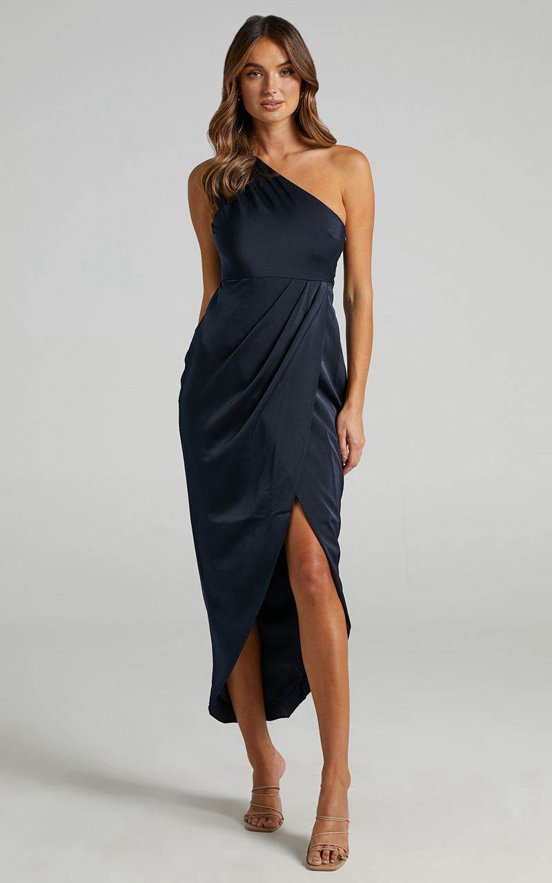 Showpo Felt So Happy Midi Dress - One Shoulder Drape Dress Navy | RTCNAF638