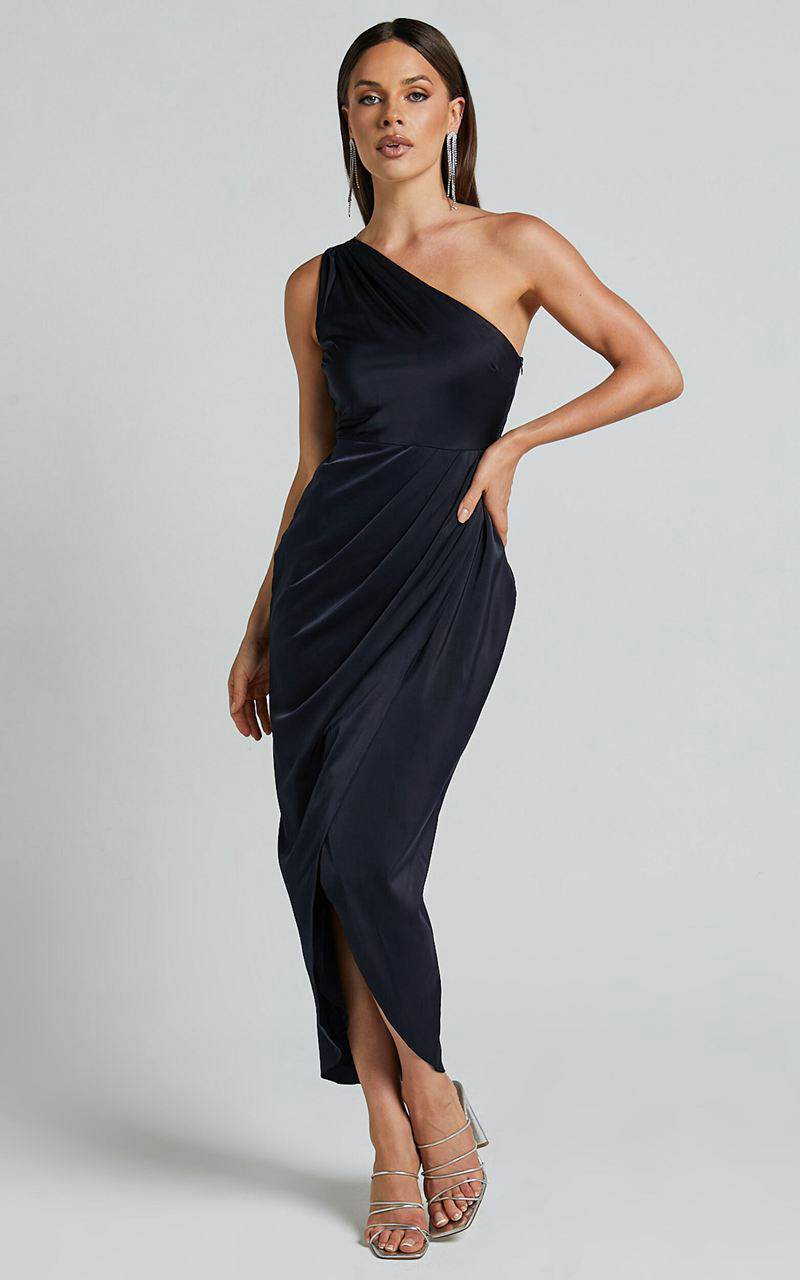 Showpo Felt So Happy Midi Dress - One Shoulder Drape Dress Navy | RTCNAF638