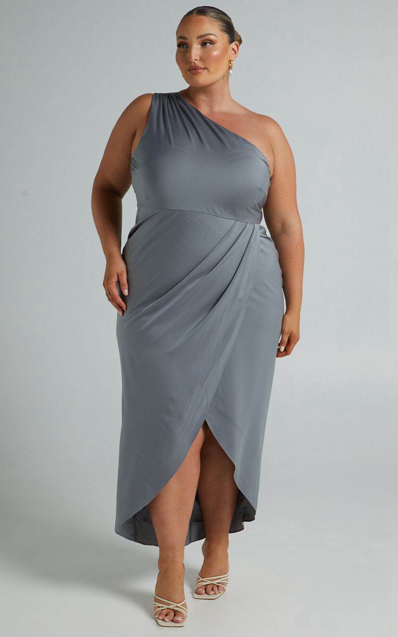 Showpo Felt So Happy Midi Dress - One Shoulder Drape Dress Grey | TUSHZF458