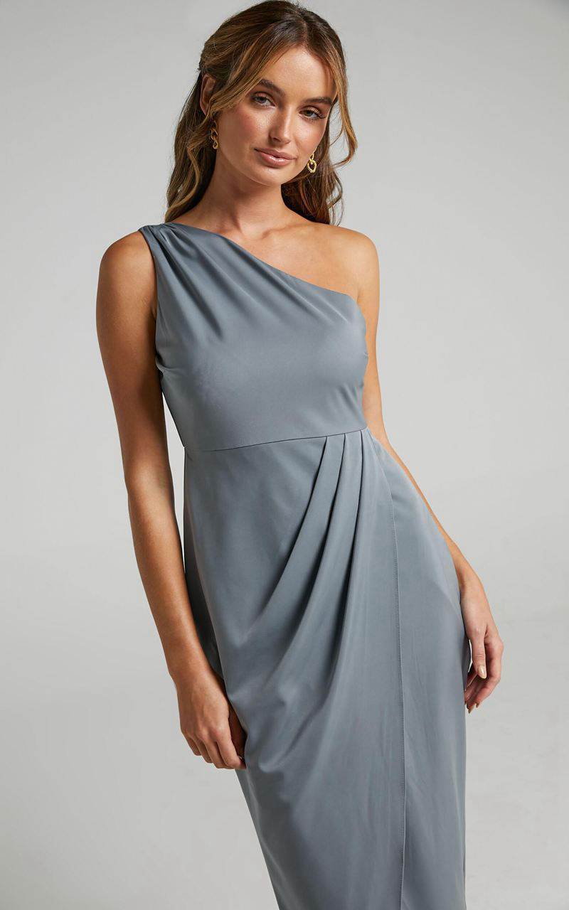 Showpo Felt So Happy Midi Dress - One Shoulder Drape Dress Grey | TUSHZF458