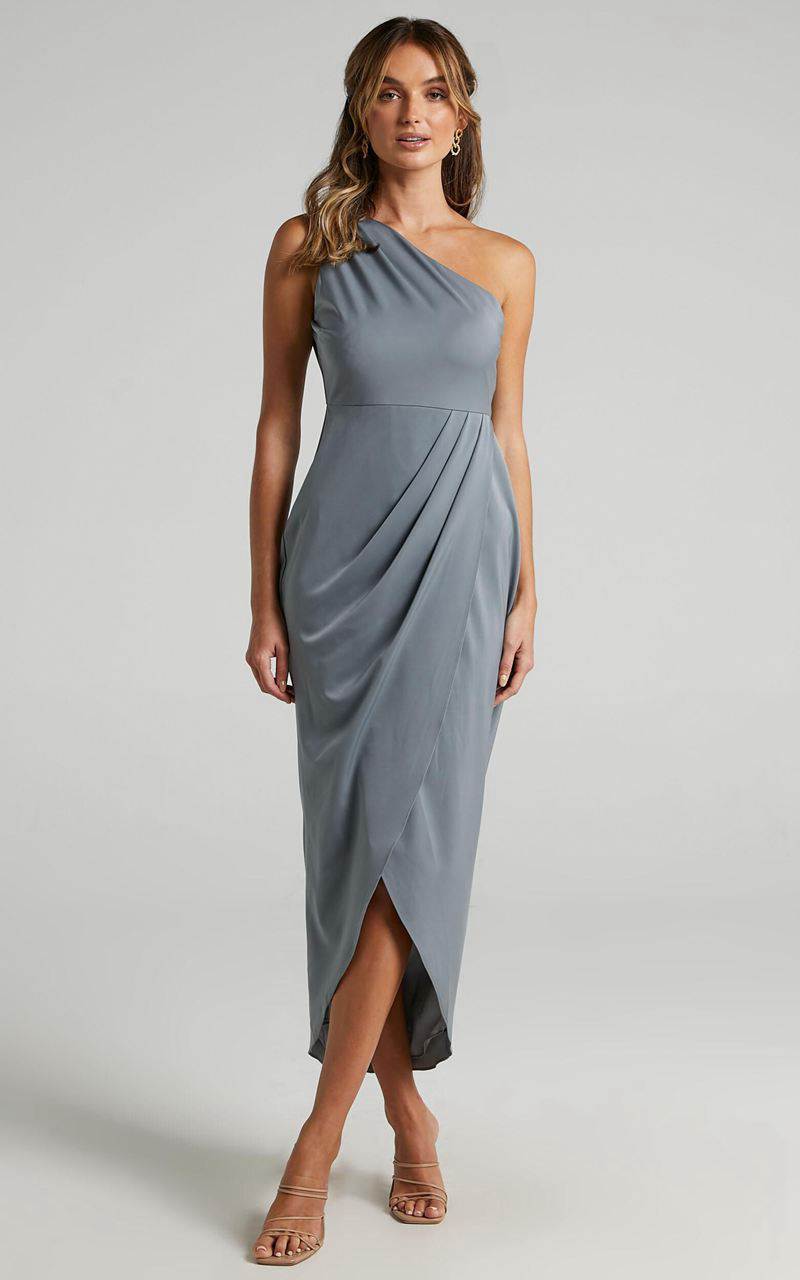 Showpo Felt So Happy Midi Dress - One Shoulder Drape Dress Grey | TUSHZF458