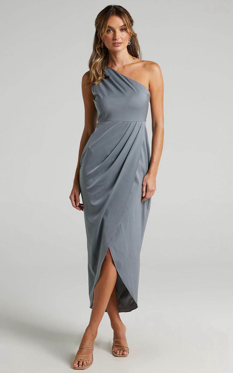 Showpo Felt So Happy Midi Dress - One Shoulder Drape Dress Grey | TUSHZF458