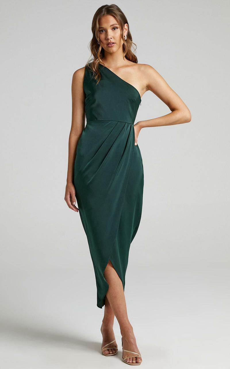 Showpo Felt So Happy Midi Dress - One Shoulder Drape Dress Emerald | ZFWLAY879