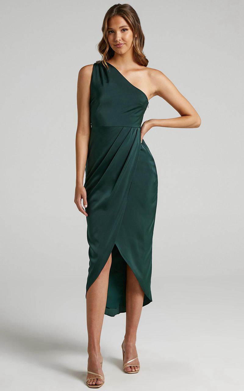 Showpo Felt So Happy Midi Dress - One Shoulder Drape Dress Emerald | ZFWLAY879