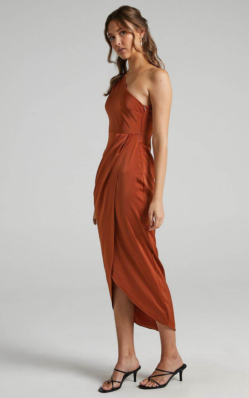 Showpo Felt So Happy Midi Dress - One Shoulder Drape Dress Copper | QJTWMK503